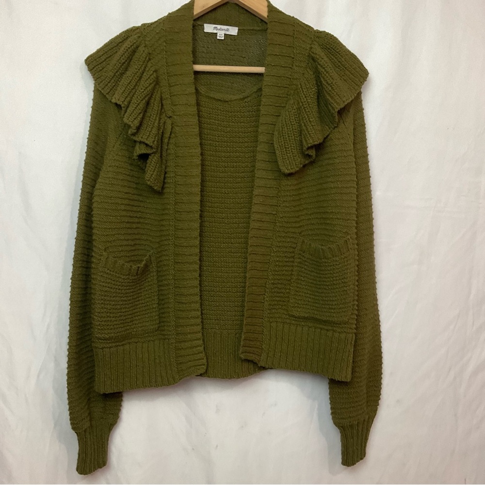 Madewell Olive Green Ruffle Collar Knit Cardigan